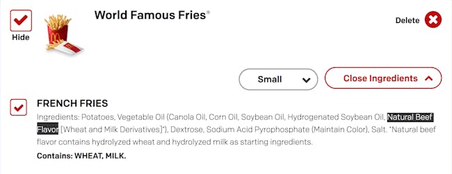 McDonald's fries ingredient list.