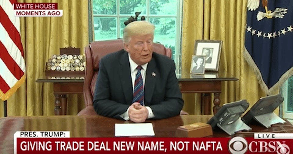 Trump mocks a White House aide and raises his eyebrows, hamming it up a little for gathered reporters there to hear news of a proposed trade deal between Mexico and the United States.