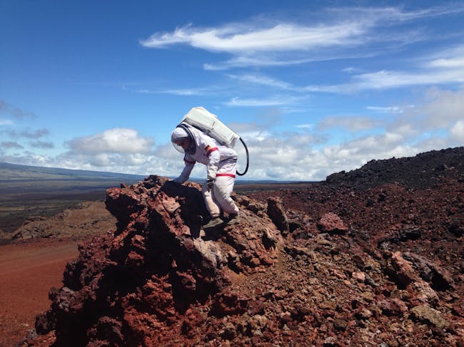 Christiane Heinicke works down a slope on an EVA mission during HI-SEAS. Carmel Johnston