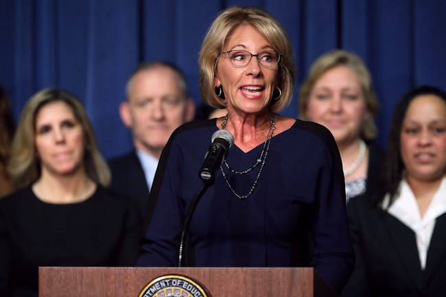 Education Secretary Betsy DeVos delivers remarks to employees on her first day on the job at the Department of Education February 8, 2017 in Washington, DC. DeVos was confirmed by the Senate after Vice President Mike Pence cast a tie-breaking vote Tuesday.