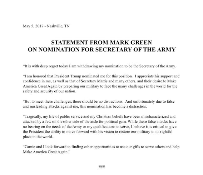 Mark Green's statement withdrawing himself from the nomination for Army Secretary.