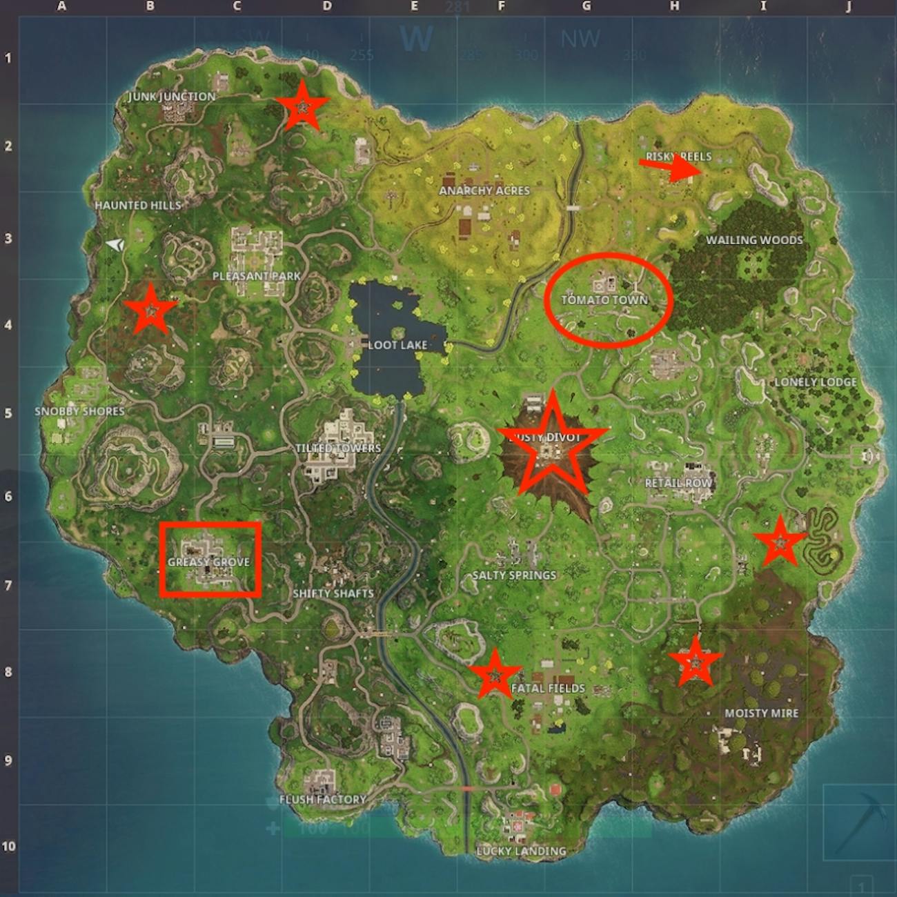 the starred locations have hop rocks and the other red shapes indicate similarly important locations - fortnite greasy grove season 7