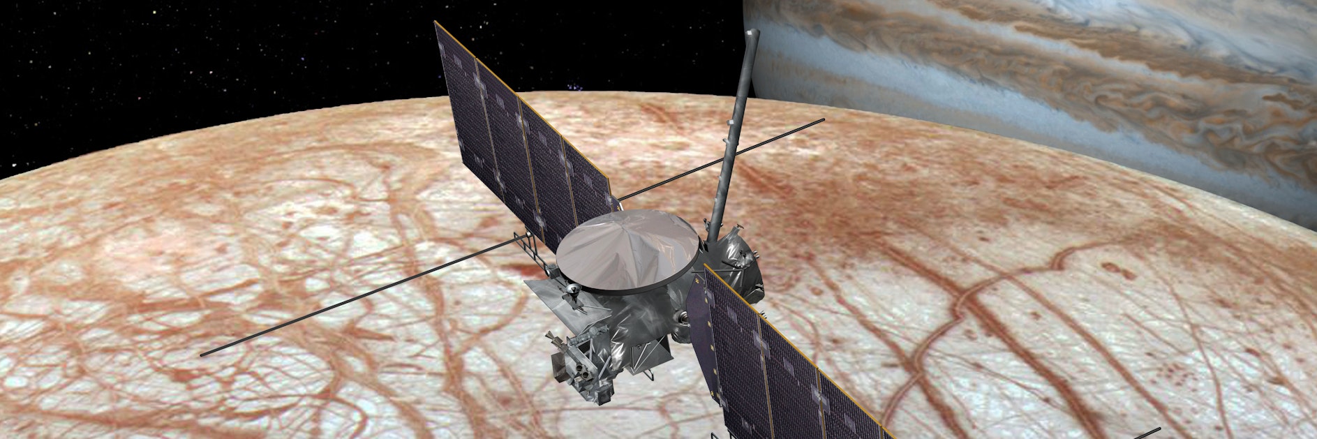 An artist's rendering shows the Europa Clipper flying by Europa. On its mission, it will make 40 to 45 flybys of this moon.