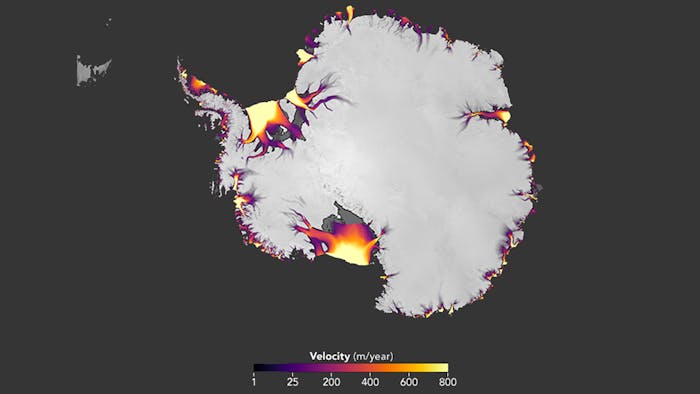 The flow of Antarctic ice, derived from feature tracking of Landsat imagery.