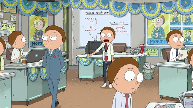 Candidate Morty runs for office with a staff full of ... Mortys.