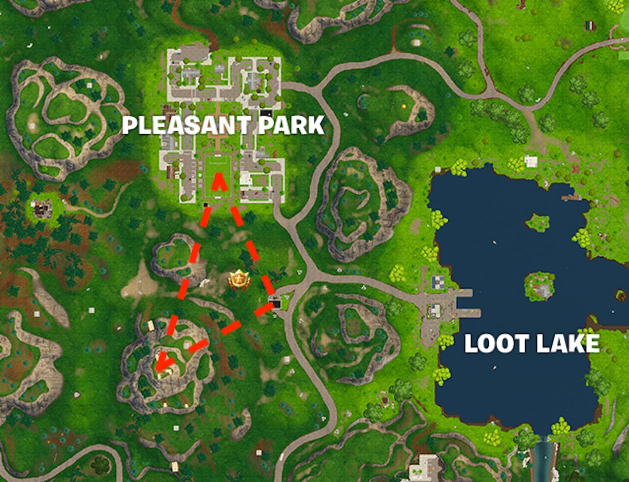 where to search between a gas station soccer pitch and stunt mountain in - pleasant park fortnite map