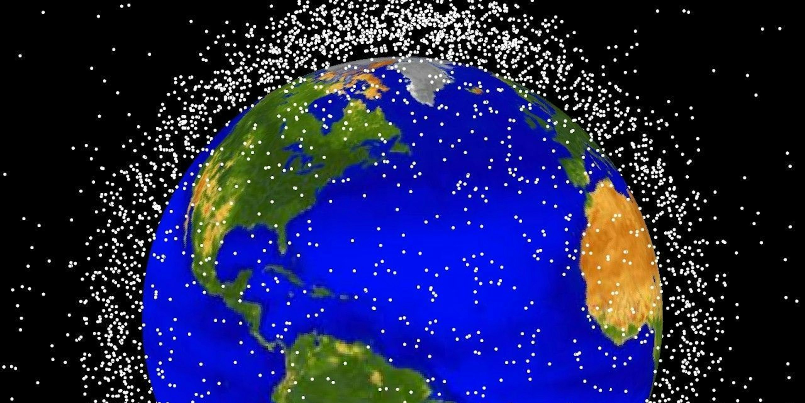 debris plot by NASAThe following graphics are computer generated images of objects in Earth orbit that are currently being tracked. Approximately 95% of the objects in this illustration are orbital debris, i.e., not functional satellites. The dots represent the current location of each item. The orbital debris dots are scaled according to the image size of the graphic to optimize their visibility and are not scaled to Earth. These images provide a good visualization of where the greatest orbital debris populations exist. Below are the graphics generated from different observation points. LEO stands for low Earth orbit and is the region of space within 2,000 km of the Earth's surface. It is the most concentrated area for orbital debris.