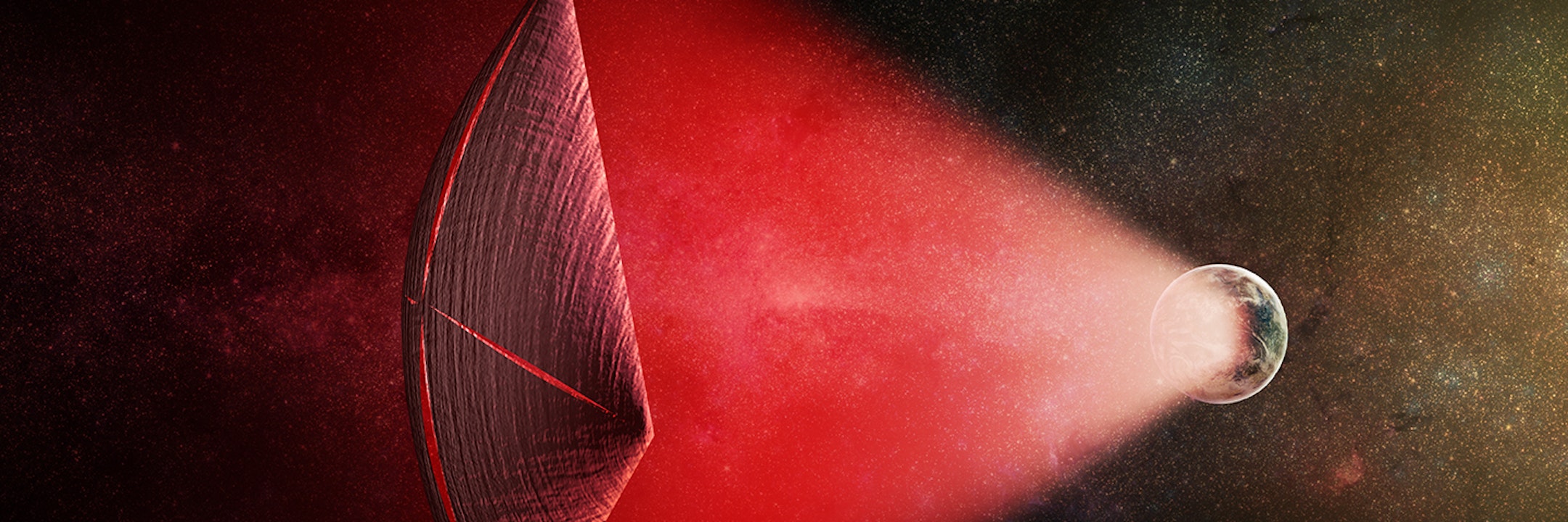 An artist's illustration of a light-sail powered by a radio beam (red) generated on the surface of a planet. The leakage from such beams as they sweep across the sky would appear as Fast Radio Bursts (FRBs), similar to the new population of sources that was discovered recently at cosmological distances.
