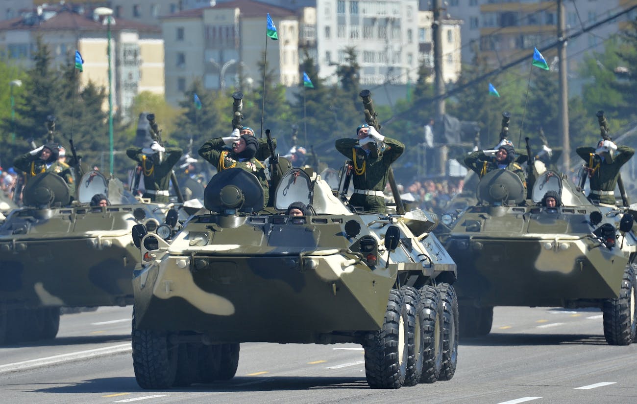 MINSK, RUSSIA - MAY 9: In this handout image supplied by Host photo agency / RIA Novosti, BTR-80 armored personnel carriers during the celebration of the 70th anniversary of Victory in the 1941-1945 Great Patriotic War in the Hero City of Minsk, May 9, 2015 in Minsk, Russia. The Victory Day parade commemorates the end of World War II in Europe. (Photo by Host photo agency / RIA Novosti via Getty Images)