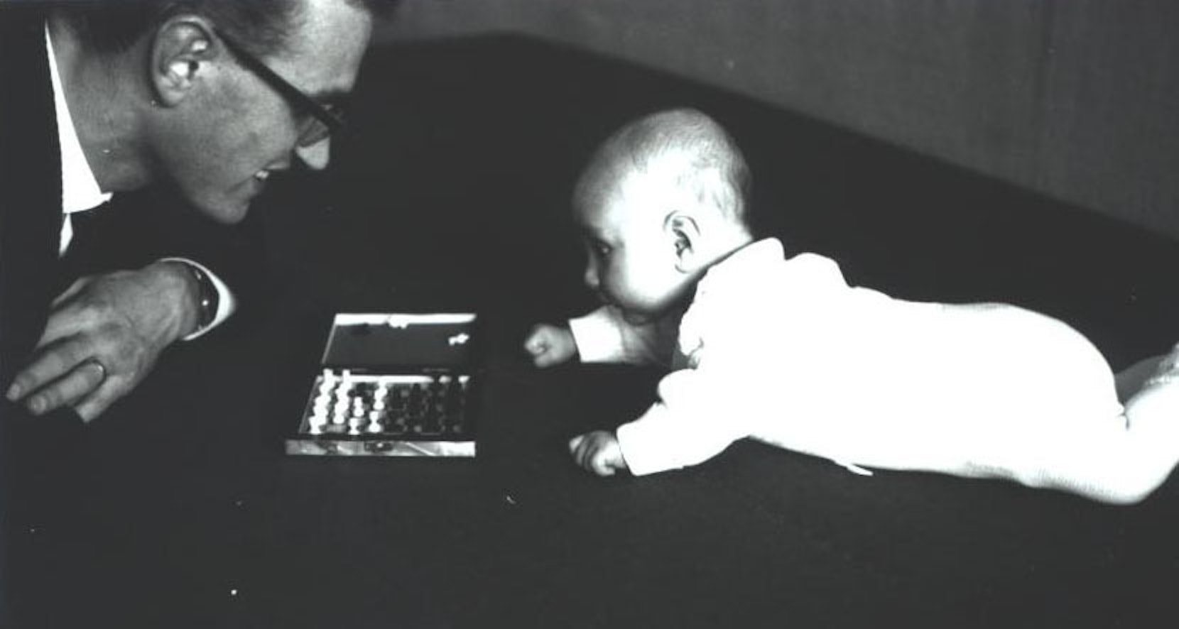 A photo from 1963 of Jürgen with his father, Johann Schmidhuber, playing chess.