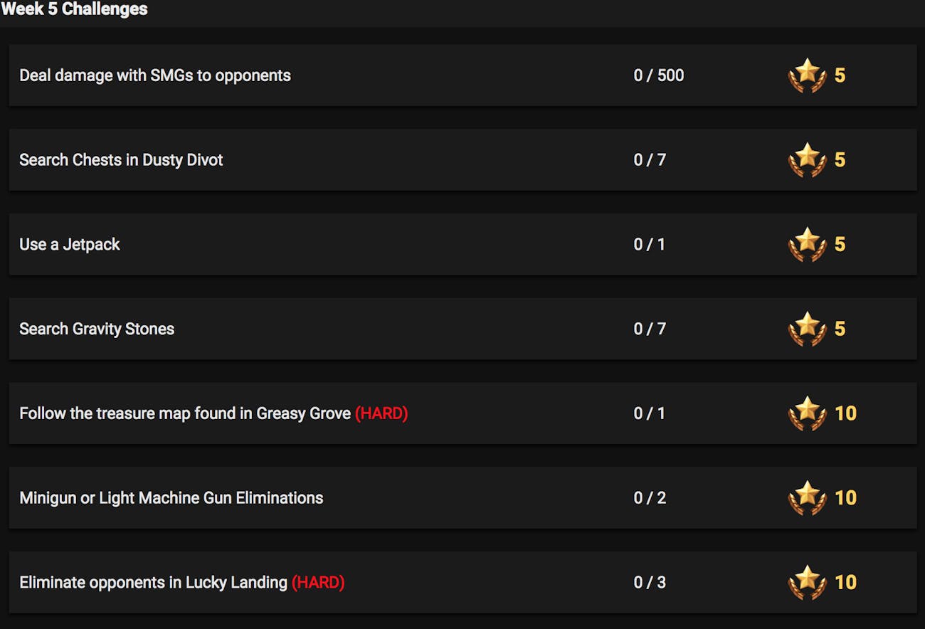 leaked week 5 fortnite challenges - gravity stones fortnite