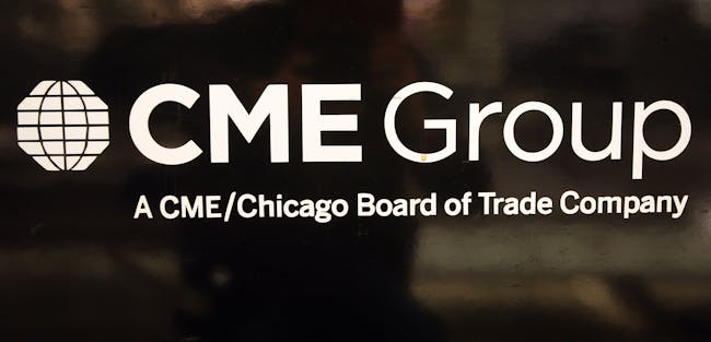 A logo for the CME Group is displayed in the lobby of the exchange March 17, 2008 in Chicago, Illinois.