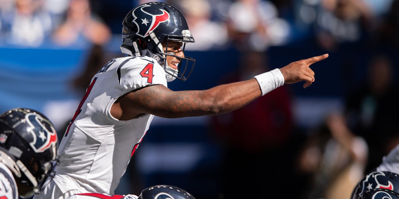 Houston Texans quarterback Deshaun Watson (4) points to the defense during the NFL game between the Indianapolis Colts and Houston Texans on September 30, 2018, at Lucas Oil Stadium in Indianapolis, IN.