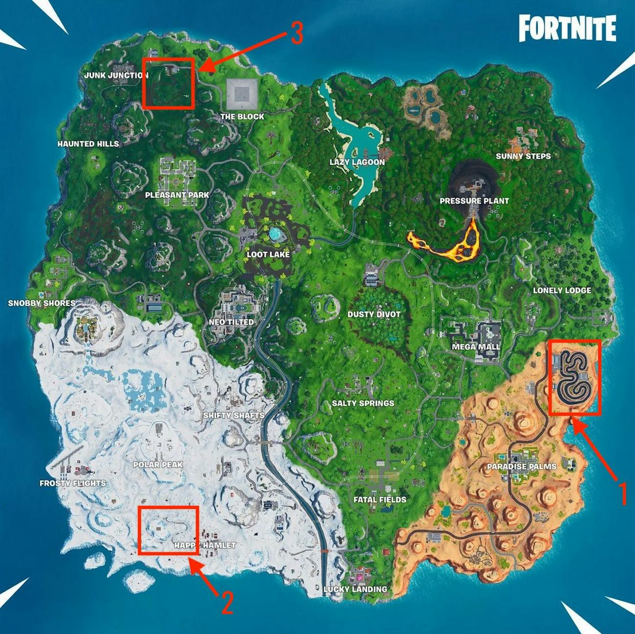 Fortnite Desert Snowy And Grasslands Race Track Locations - 