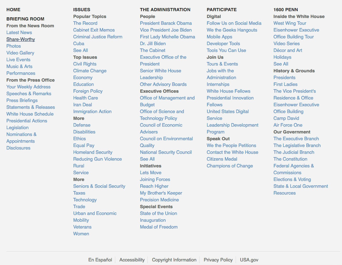 The White House's sitemap as of 11:23 a.m. Friday.