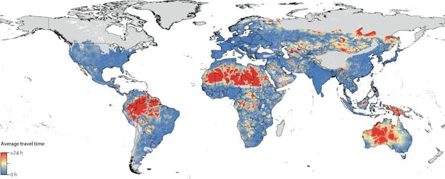 This map shows how far people living near venomous snakes have to travel to reach the nearest city, a factor that can be critical when seeking urgent medical care.