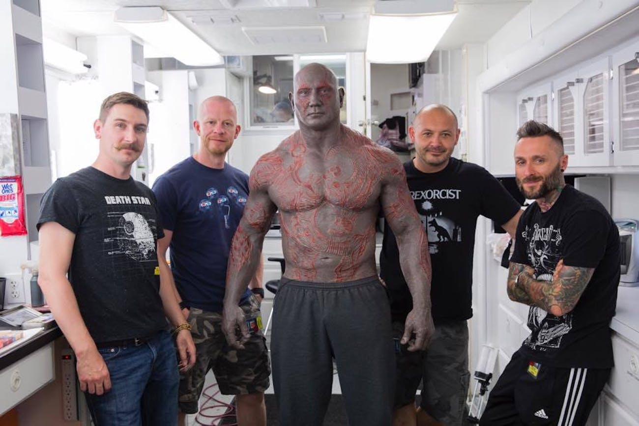 Dave Bautista and his makeup team.