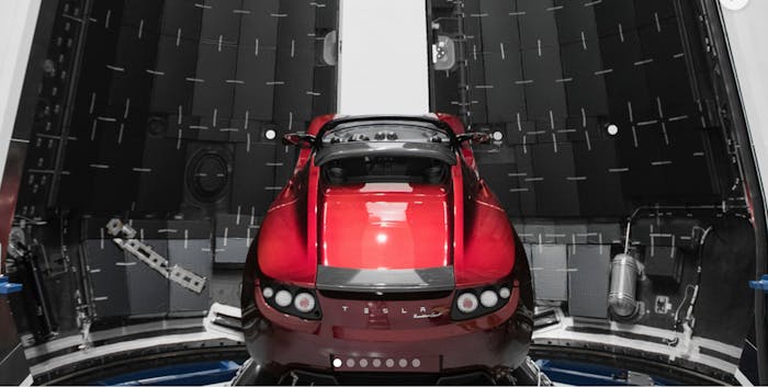 Elon Musk's Tesla Roadster inside a payload fairing in a photo shared in December 2017. The car will be put into a Mars orbit around the sun.