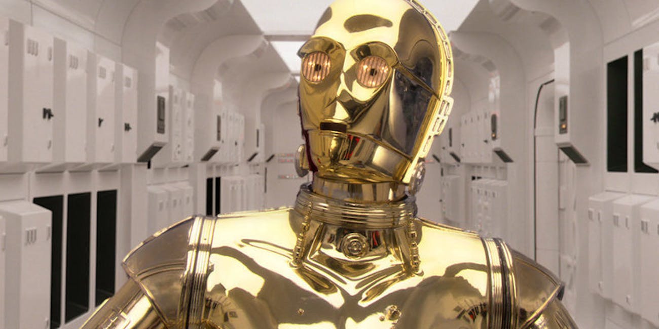 C-3PO is a bumbling protocol droid in the Star Wars movies.