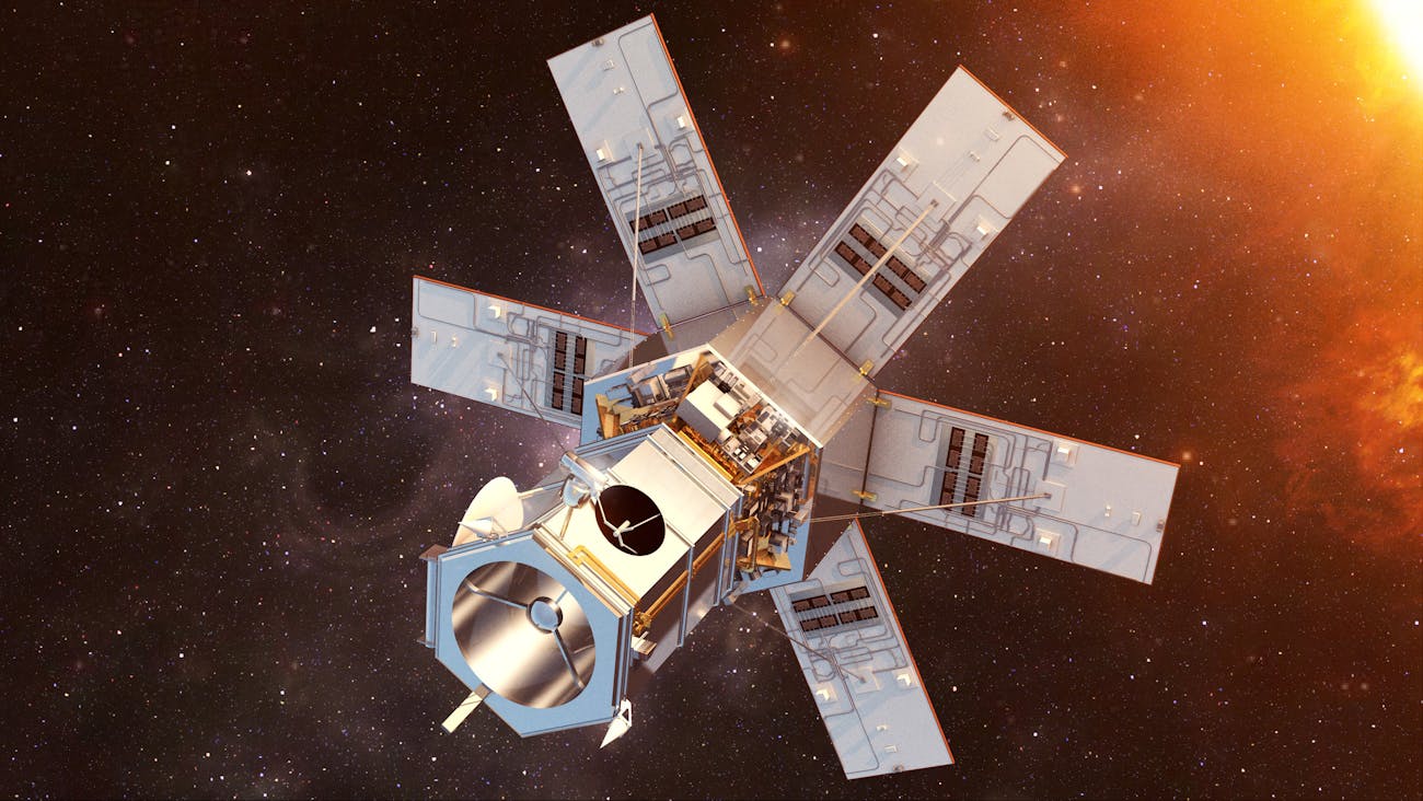 Artist rendition of the WorldView-4 satellite in space.