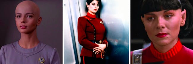 LEFT to RIGHT: Persis Khambatta, Kirstie Alley, and Kim Cattrall. None of these people played the same Star Trek character. (Not pictured: Robin Curtis as the second Saavik)