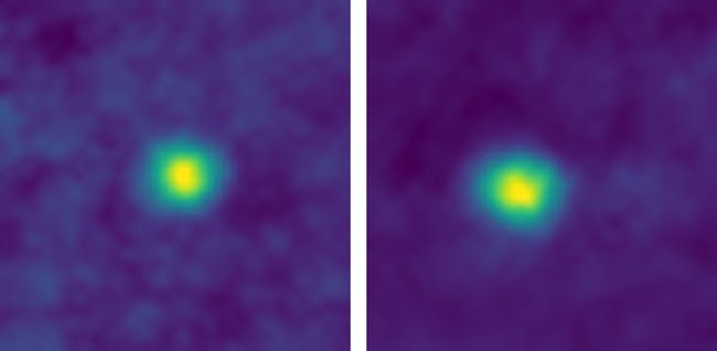 The closest-ever images of Kuiper Belt objects, taken by NASA's New Horizons spacecraft.KBOs 2012 HZ84 (left) and 2012 HE85 (right).