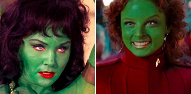 Orions! LEFT: Vina in 'The Cage' (or 'The Menagerie",1966) RIGHT: Gaila in 'Star Trek' (reboot, 2009)