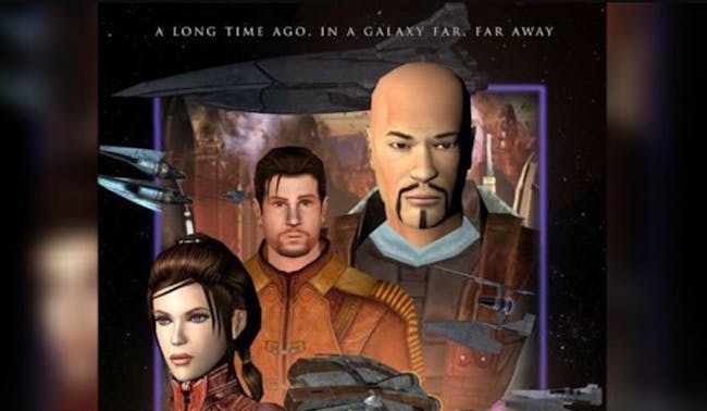 Logan, aka Revan, appears at the top-right alongside canon characters Carth Onasi (middle) and Bastila Shan (left) and in a poster for the HD re-release