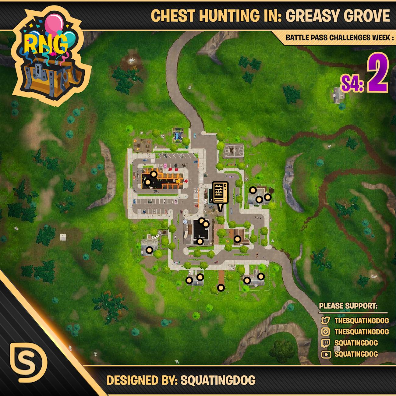 greasy grove chest map - fortnite season 4 week 4 battle star