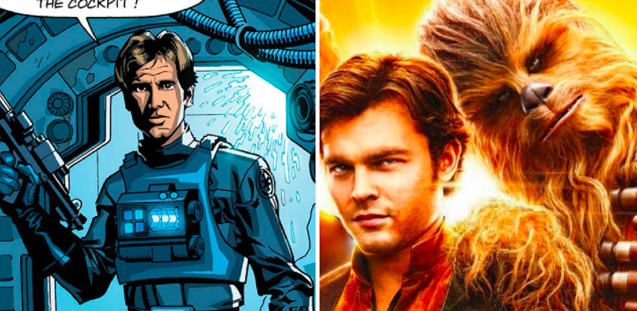 LEFT: Han as a TIE Fighter pilot in old canon. RIGHT: Han and Chewie in the upcoming movie 'Solo.'