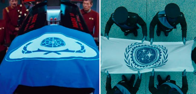 LEFT: Spock's casket with a Federation flag in 'The Wrath of Khan' (1982) RIGHT: Starfleet officers with a Federation flag in 'Star Trek Into Darkness'(2013)